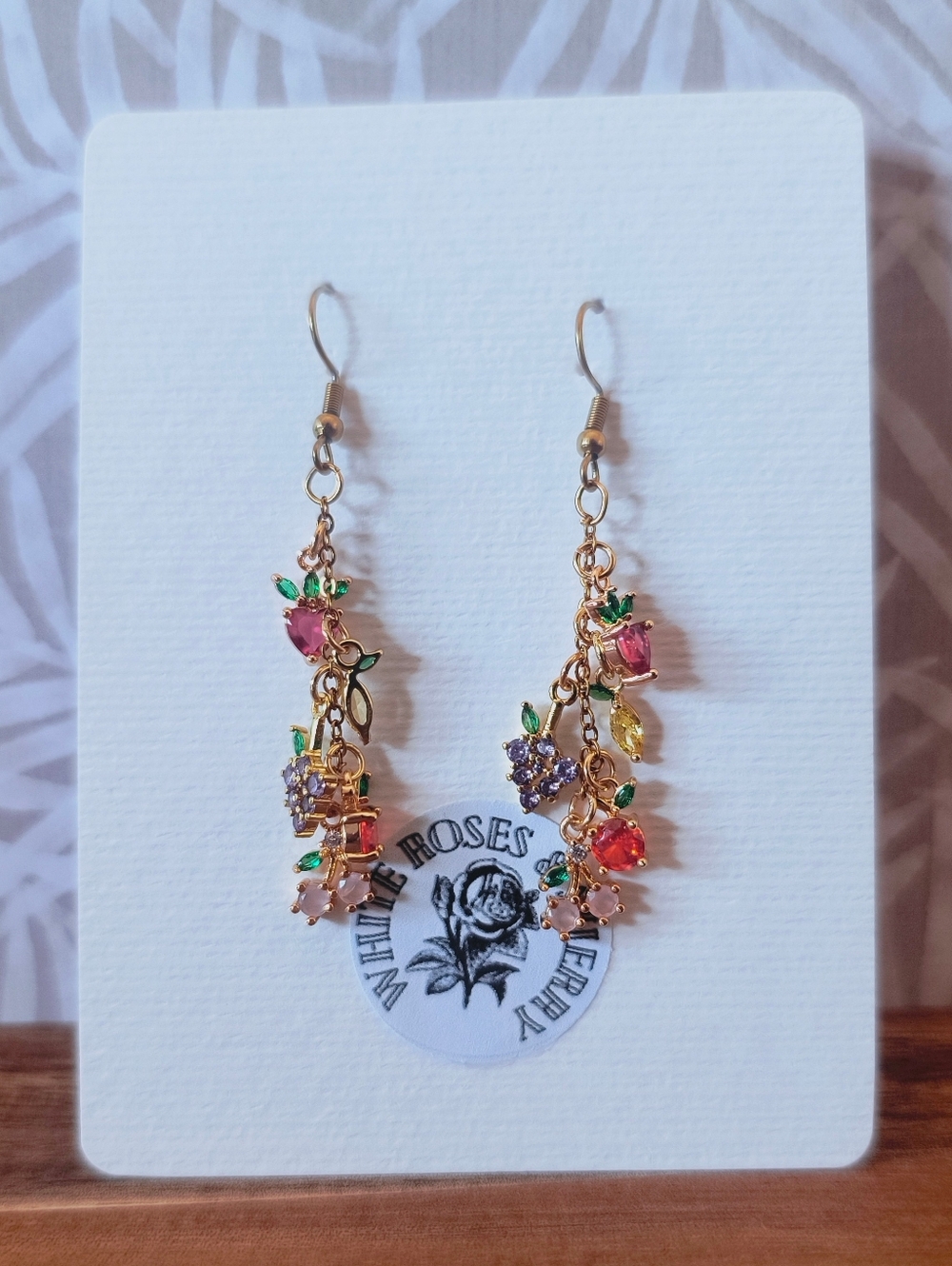 White Roses & Sherry 18k Gold Fruit Dangle Earrings CZ